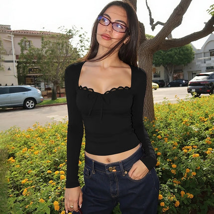 Hugcitar Elegant Long Sleeve Solid Patchwork Lace Bandage Sexy Crop T-Shirt Top Slim Fall Women Clothes Birthday Party Festival