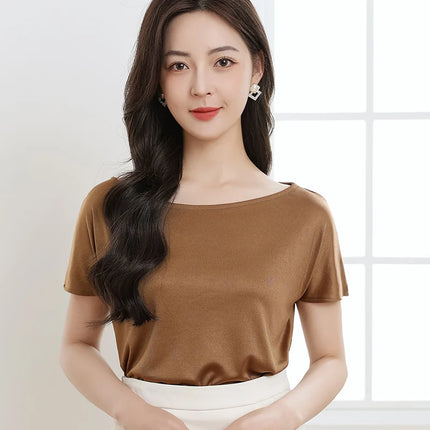 Summer women's short sleeved acetate fabric high-end knitted women's T-shirt thin European style hot selling women's T-shirt