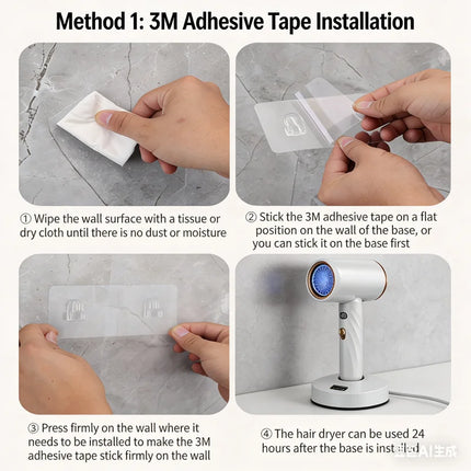 1800W Wall Mounted Hair Dryer with LED Temp Display, 3 Speed Hot/Cold Air, No Drill for Hotel Home Bathroom