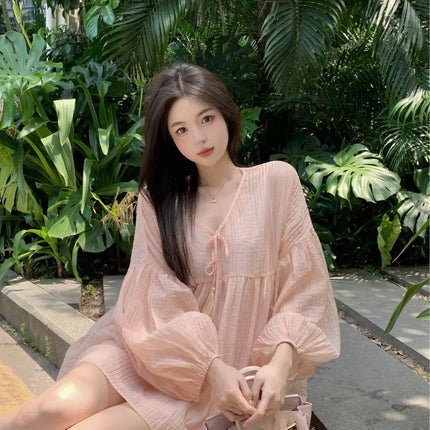 Korean Version V-neck Long Sleeved Shirt for Women's Spring 2024 New Loose Medium Long Sun Protection Shirt Top Two-piece Set