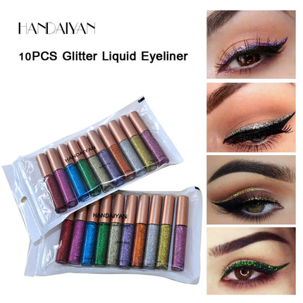 Glitter Liquid Eyeliner Set 10 Pieces Metallic Shimmer Eye Liner Long Lasting Sparkling Eyeshadow Tint Smudge Proof Cosmetics