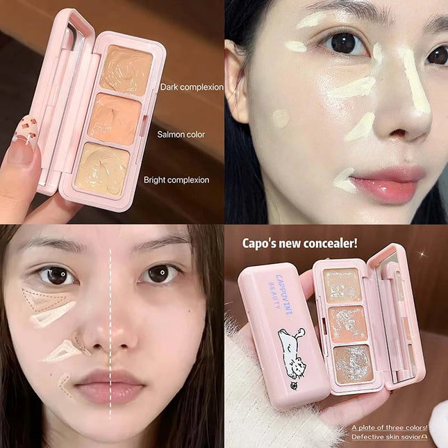 3-Color Correcting Concealer Strip Palette Hydrating Eye Brightening Concealer Contour Cream Full Coverage Oil-Control Makeup