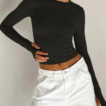 Fashion Women T-shirt Long Sleeve Crew Neck Solid Slim Fit Ladies Crop Top with Thumb Holes for Daily Streetwear Summer Camis
