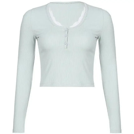Women's T-Shirts Long Sleeve Slim Lace Button Kawaii T-shirts Female Y2k Tops Casual Tees Pullovers 2024 Spring New Woman Clothing