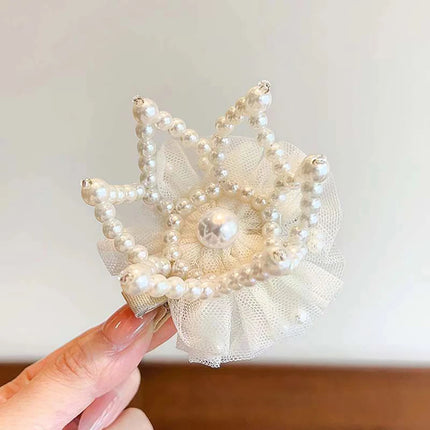 Crown Pearl Hair Clips for Baby Girl Cute Mesh Gauze Fairy Hairpins Korean Barrettes Kids Hair Accessories Headwear