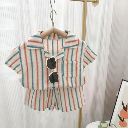 Summer Toddler Siblings Attire Turn Down Collar Top Striped Shorts Infant Boy Suit Loose Sleeveless Retro Dress Baby Girl Outfit