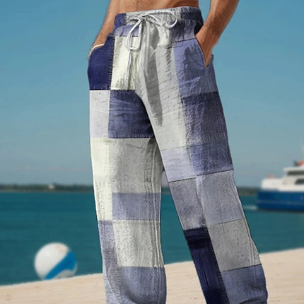 Plaid Color Block Men's Resort 3D Printed Casual Pants Trousers Elastic Waist Fit Straight-Leg Pant Summer Beach Pants