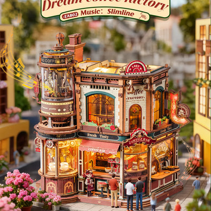 ROKR Wooden 3D Puzzle Dream Coffee Factory Music Box Model Building Kit 593-piece DIY Miniature House Kit with LED Light Unique Home Decor Gift for Adults Women