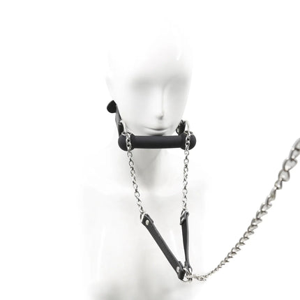Leather BDSM Head Harness Silicone Mouth Bit Gag with Lead Chain Restraint Gear Adult Sex Toy for Men Women Fetish Role Play