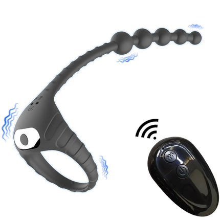 Cock Ring Vibrator with Anal Beads Butt Plug 10 Vibration Remote Controlled Anal Plug Prostate Massager Couples Sex Toy for Man
