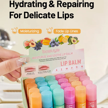 24Pcs Fruit Series Lip Balm Set Honey Grape Avocado Moisturizing Repair Anti-Cracked Non-sticky Lip Balm for Lips Skin Care