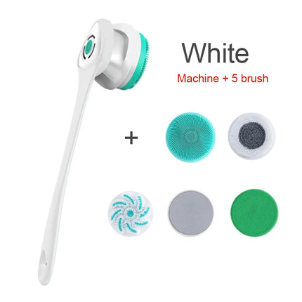 Electric Bath Brush 5-in-1 Long Handle Rechargeable Spin Body Facial Scrubber Back Rubbing Cleaning  Massage Spa Shower Brush