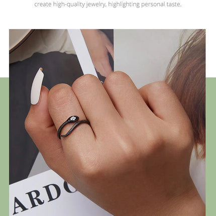 BAMOER 925 Sterling Silver Retro Textures Snake Adjustable Ring, 18K Gold Green Zircon Animal Ring Stackable Jewelry 4 Colors