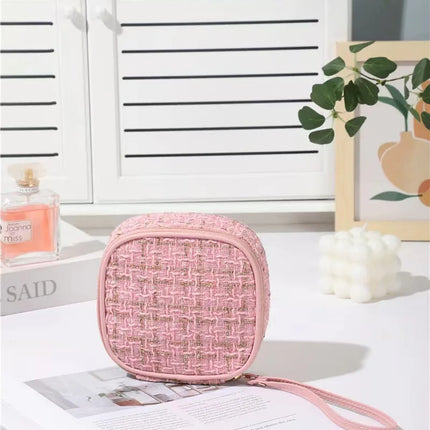 Women Makeup Pouch TikTok Viral Organizer Bag, Tweed Fabric Cosmetic Case with Long Handle for Travel Toiletries Sanitary Pads