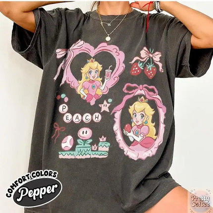 Princess Peach Shirt Super Mario Coquette Shirt Princess Peach Girly 2026 Summer New Men's Women's Cotton Oversized T-shirt Y2K