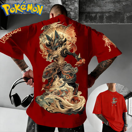 New Pokemon Cotton T Shirt with Lucario Back Print Blue Black Character and Flame Effects Design Loose Fit Men Women Casual
