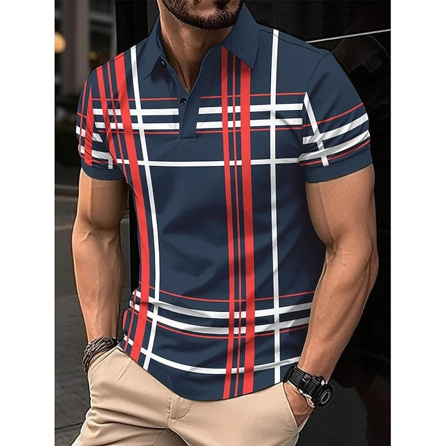 Business Men's Polo Shirt Casual Summer Short Sleeve Top Lines Pattern Printed Buttons Fashionable Golf Shirt