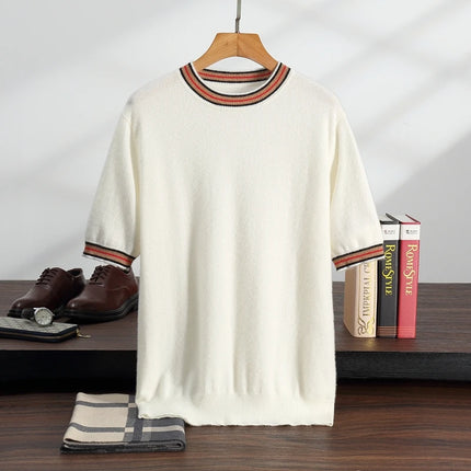 Men's T-shirt 2026 Spring/Summer New 100% Cashmere Round Neck Color Blocking Short Sleeved Knit Pullover Casual Men's Clothing