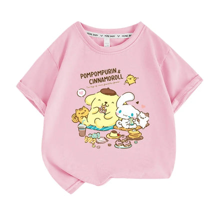 Sanrio Summer Baby Girls 100% Cotton Clothes Kid Children Boys Pompompurin Printed T-shirts Cartoon Short Sleeve Top Outfits