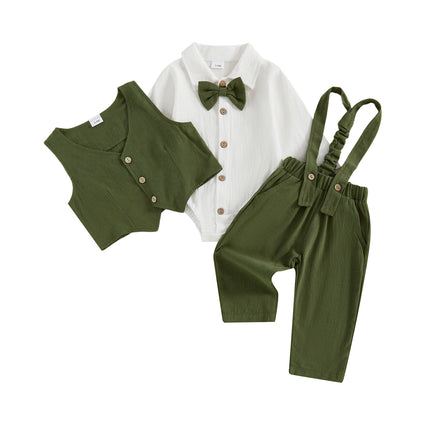 0-18M Newborn Baby Boy Dress Clothes Long Sleeve Romper Shirt Bowtie Waistcoat Suspender Pants Set Suit Fall Outfits