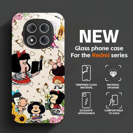 Cute girl Mafalda Comic Design  Phone Case Tempered Glass Case For Redmi Note11 12 13 14Pro Plus S 5G 14C A3