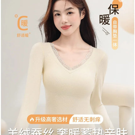 Women's Heated Underwear Set, Winter Fleece Lined Seamless Base Layer Top & Pants with Removable Bra, Thermal Wear MOYISU M-2XL