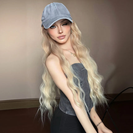 Light Golden Wavy Baseball Cap Integrated Wig, Ash-Toned Cap Design, Korean-Style Versatile Synthetic Wig Hat, for Daily Outings