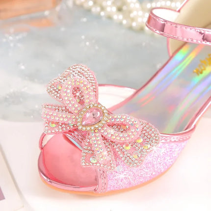 Summer Girls Sandals With Heel Fashion Rhinestone Shiny Glitter Shoes Children Princess Bowtie Pearl Dancing Shoes H876