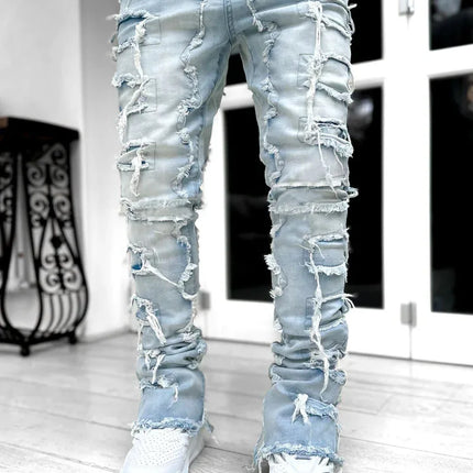 Streetwise Stretch Patch Jeans For Men Bottom Baggy Men's Clothing Summer Solid New Fashion Mid Waist Patchwork Long Pants Male