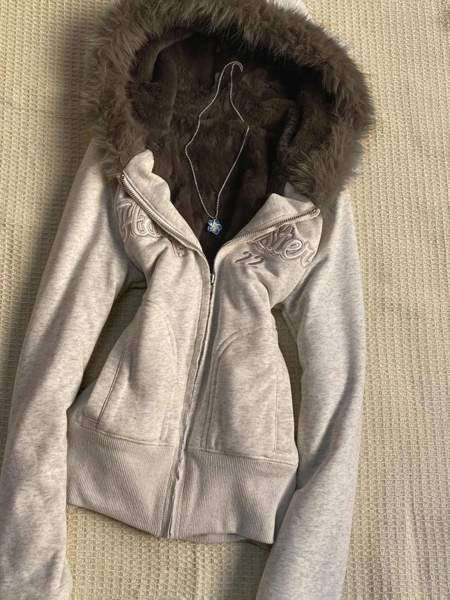 Y2K Fur Trim Hooded Jacket Women Fleece Lined Zip Up Crop Hoodie Vintage Letter Embroidery Slim Warm Streetwear Coat