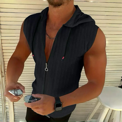 5 colors available for men's hooded sleeveless zipper plaid men's sportswear Slim fit breathable men's casual breathable shirt