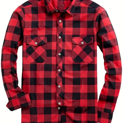 Men's Fashion Casual Flannel Plaid Shirt Long Sleeve Lapel Soft Comfortable Daily Wear Shirt Men's Classic Plaid Shirt