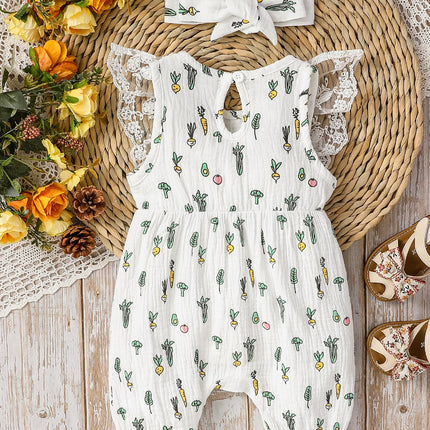 Girls Summer Sleeveless Lace Cotton Baby Bow Jumpsuit - Casual Cute Print With Plants