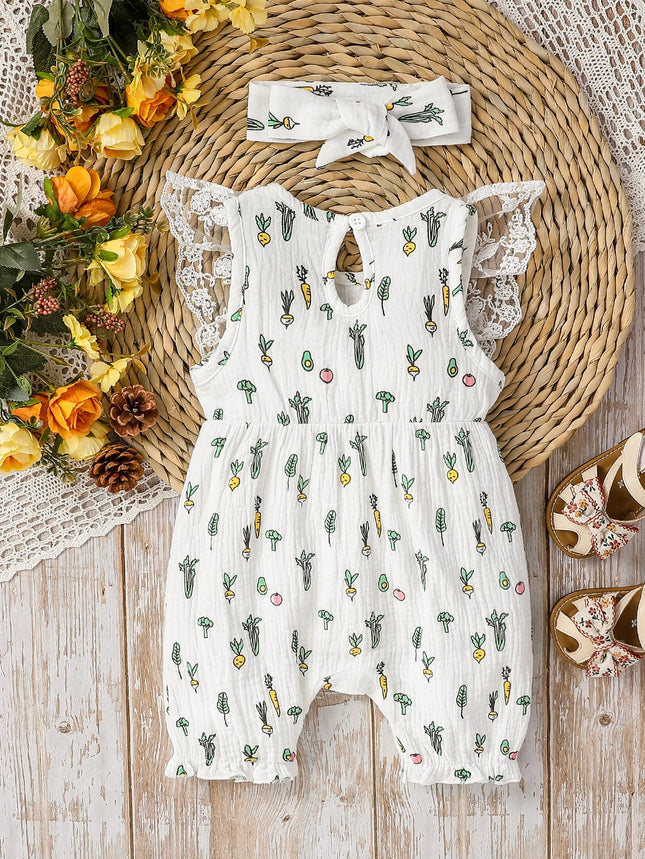Girls' Summer Sleeveless Lace Cotton Baby Bow Jumpsuit - Casual Cute Print With Plants