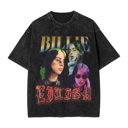 Billie Eilish Funny Poster Graphic Print T-shirt Men Women Fashion Vintage Washed Cotton O-neck Summer Tee Oversized Casual Top