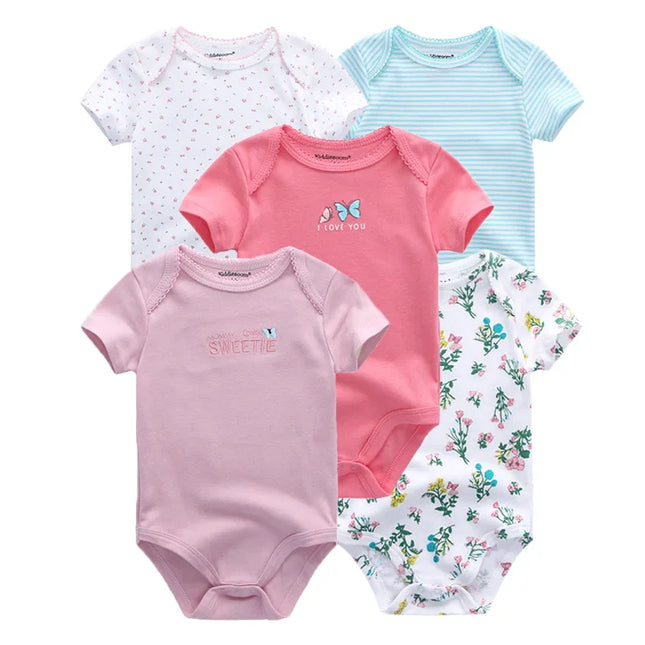 Kiddiezoom 5 Pcs/Lot Four Seasons Fashion Cartoon Short Sleeve Baby Boy Girl Bodysuits Soft 100% Cotton Newborn Onesies
