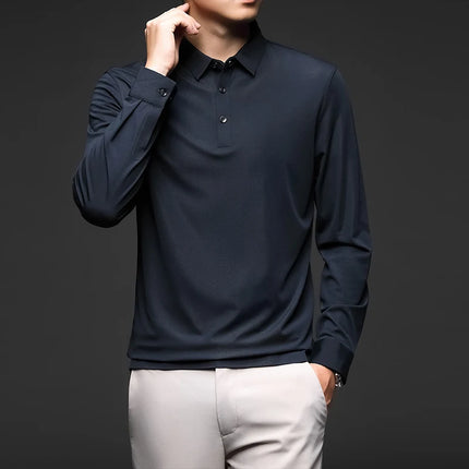Minglu Mulberry Silk Men's Polo Shirts Luxury Long Sleeve Solid Color Golf Male T-shirts Spring Autumn Business Casual Man Tees
