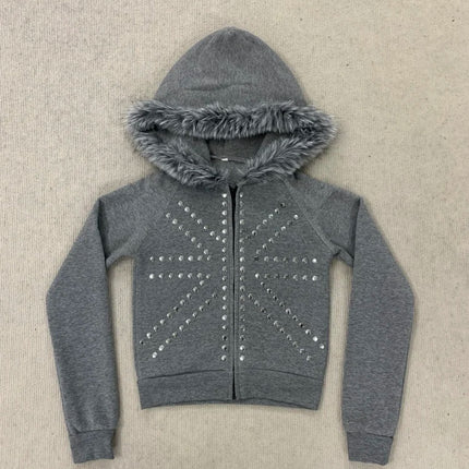 Heather Grey Faux Fur Trim Hooded Cropped Zip Up Sweatshirt Radiant Silver Stud Decor Raglan Slim Jacket