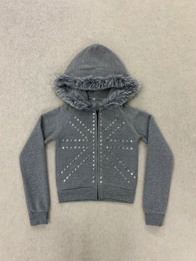 Heather Grey Faux Fur Trim Hooded Cropped Zip Up Sweatshirt Radiant Silver Stud Decor Raglan Slim Jacket