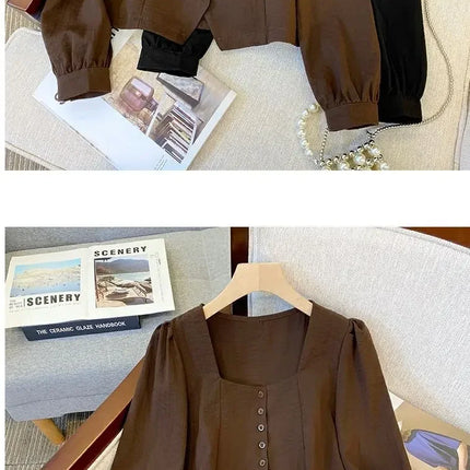 Elegant Long Sleeve Shirt Large Size Women's Early Autumn plus Size French Chic Square Collar Slimming Belly Covering Top
