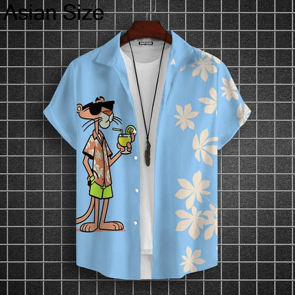 Cartoon Leopard Graphic Men Short Sleeve Lapel Shirt Tops Unisex Pink Button-Down Hawaiian Shirts Summer Daily Female Blouses