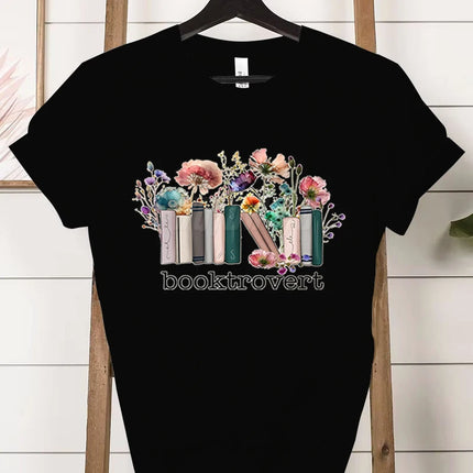 Booktrovert Fashion Casual T-shirts Funny Book Lover Summer Short Sleeve Tee Trendy Vintage Bookish Flower Classic Tops Clothes