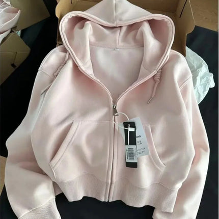 Early Autumn Chic Casual Hoodie Jackets Slim Fit Long Sleeve Cropped Top Zip-up Warm Cardigan Korean Style Hooded Sweatshirt