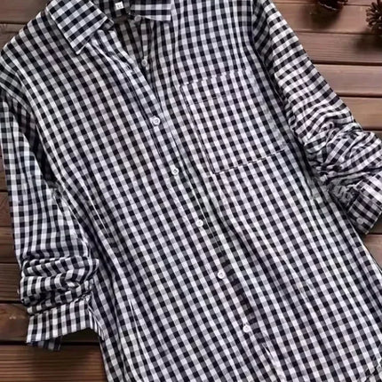Plus Size Plaid Women's Cotton Linen Long Sleeves Roll Up Striped Casual V Neck Button Down Shirts Blouses Collar Tunic Tops