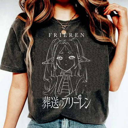 Manga Frieren Graphic T-shirt Casual Pure Cotton Short Sleeve Anime Tees Vintage Washed T Shirt for Men Women Clothing