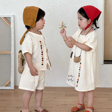 RAISE 2026 Summer Siblings Attires Children Pure Cotton Pajamas Set Kids Boys Tees+shorts Homewear Suit Kids Girls Print Dress