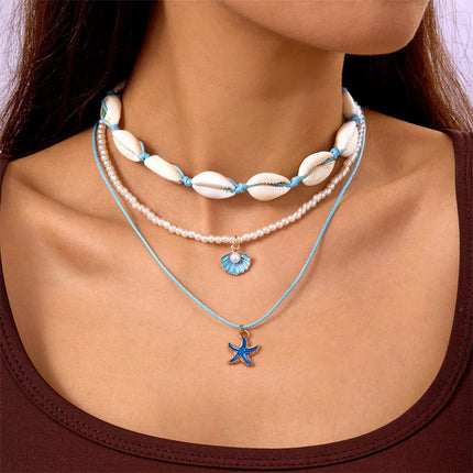 Bohemian Beach Shell Conch Beaded Necklace for Women Summer Ocean Style Seashell Starfish Pendant Choker Vacation Party Jewelry