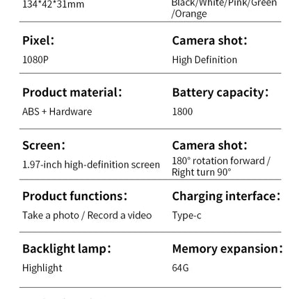 HD 4K Action Camera 180 Degree Rotatable For Vlog YouTube Tiktok Girls Record Life Video Recording Entry Portable Action Camera