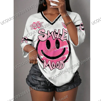 NO.66 Casual Smiling Face Letter & Numeral Print Short Sleeve Sports T-Shirt For Women Summer  Mesh T-shirt Tops