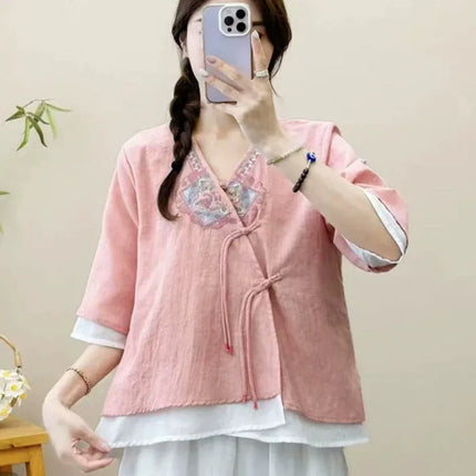 Casual Loose Blouse Shirt Women Clothes Summer Cotton Linen Ladies Tops Tee Blusas Vintage Embroidery Woman Shirt Camiseta Mujer